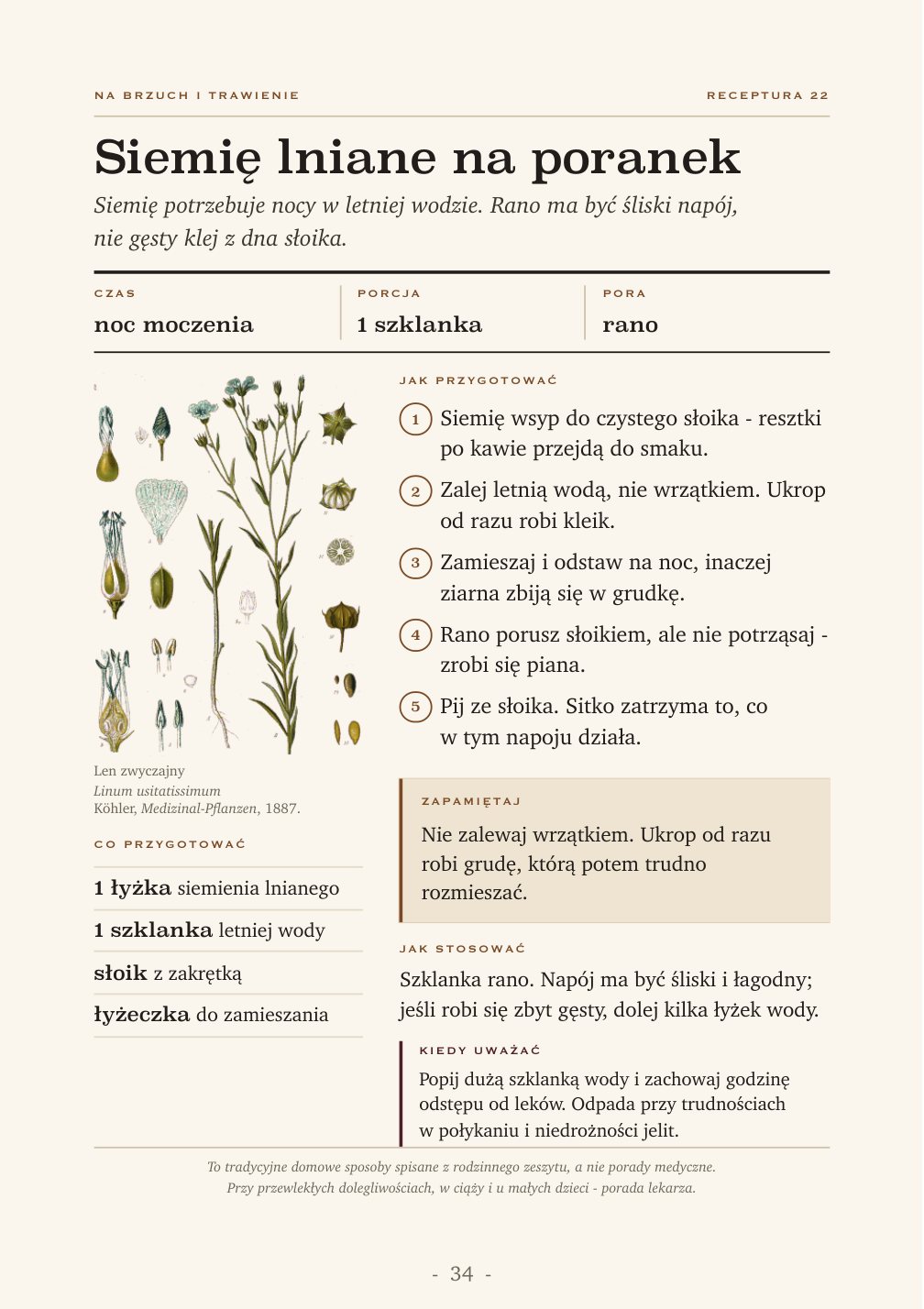 Receptura: siemię lniane na poranek, z tablicą botaniczną