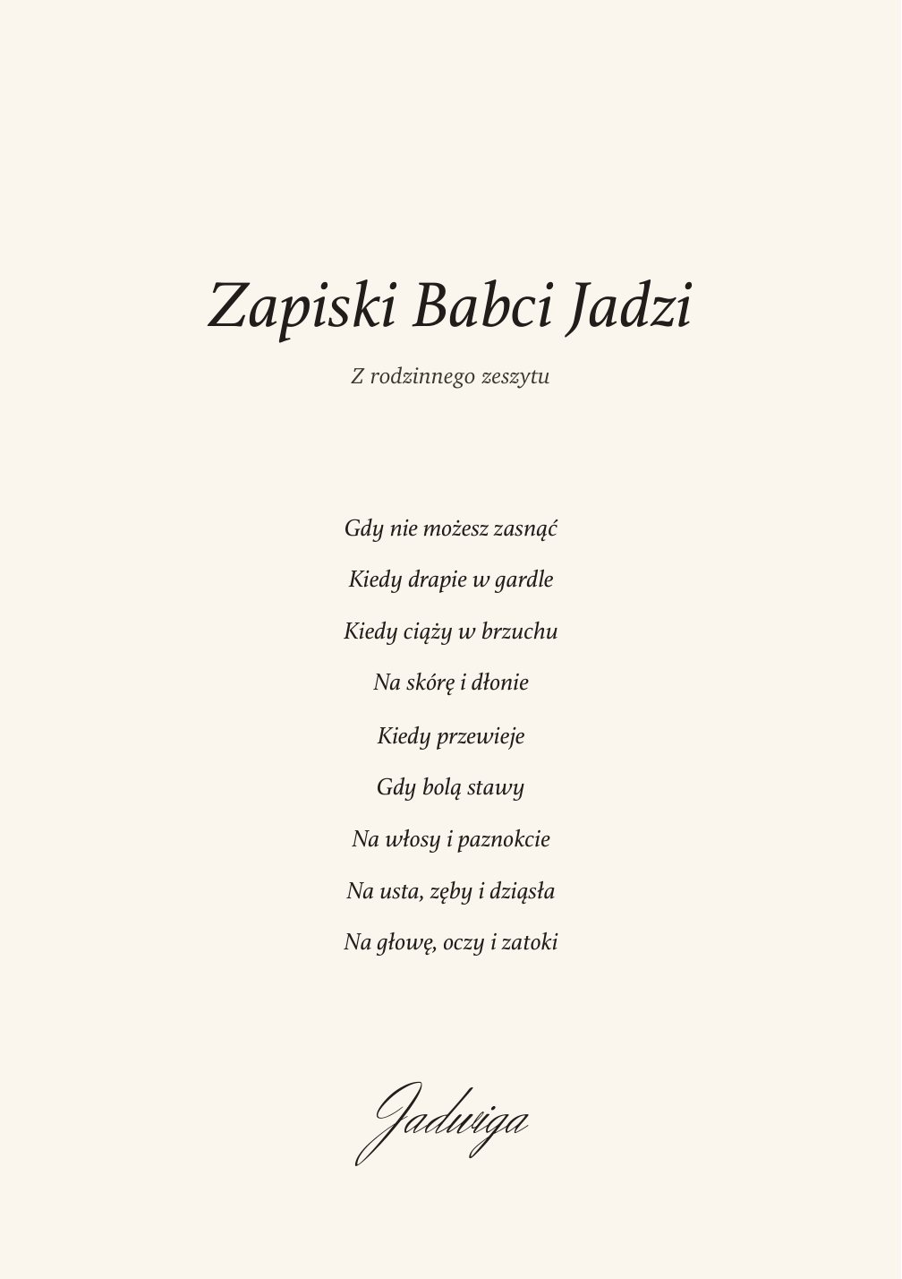 Strona tytułowa: Zapiski Babci Jadzi, dziewięć rozdziałów