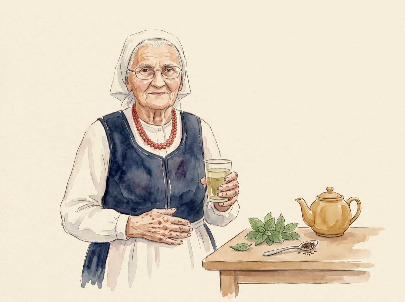 Babcia Jadzia z dłonią na brzuchu i szklanką naparu, obok mięta i kminek