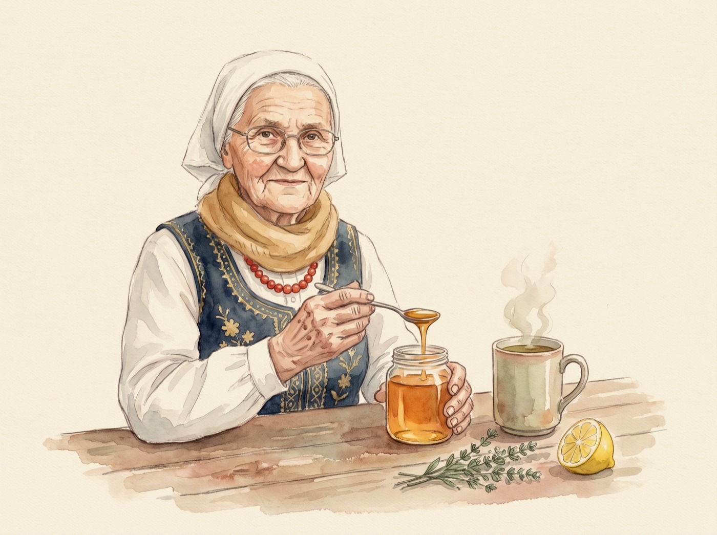 Babcia Jadzia nabiera łyżkę miodu, obok kubek naparu, tymianek i cytryna