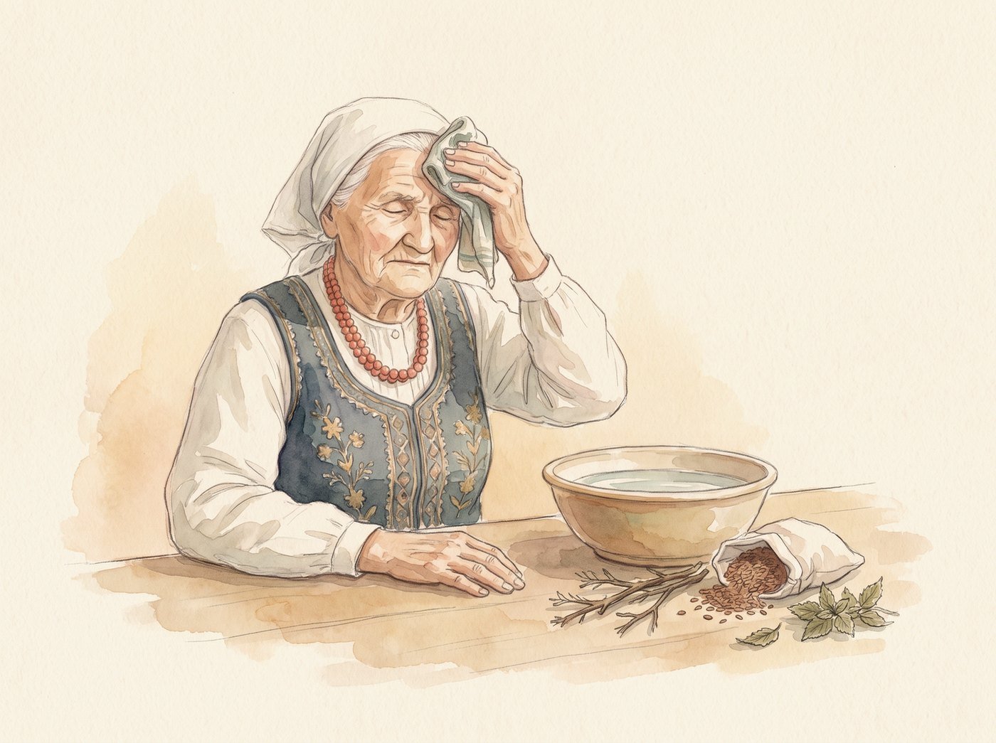 Babcia Jadzia przykłada kompres do czoła, obok miska i woreczek z siemieniem