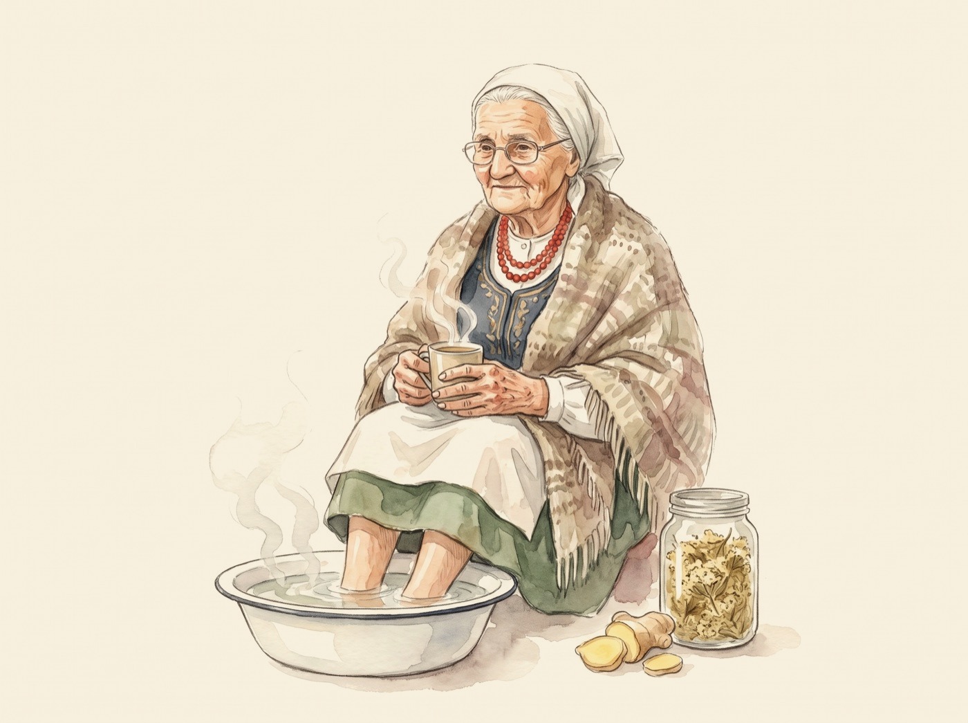 Babcia Jadzia z nogami w misce parującej wody, otulona chustą, obok imbir