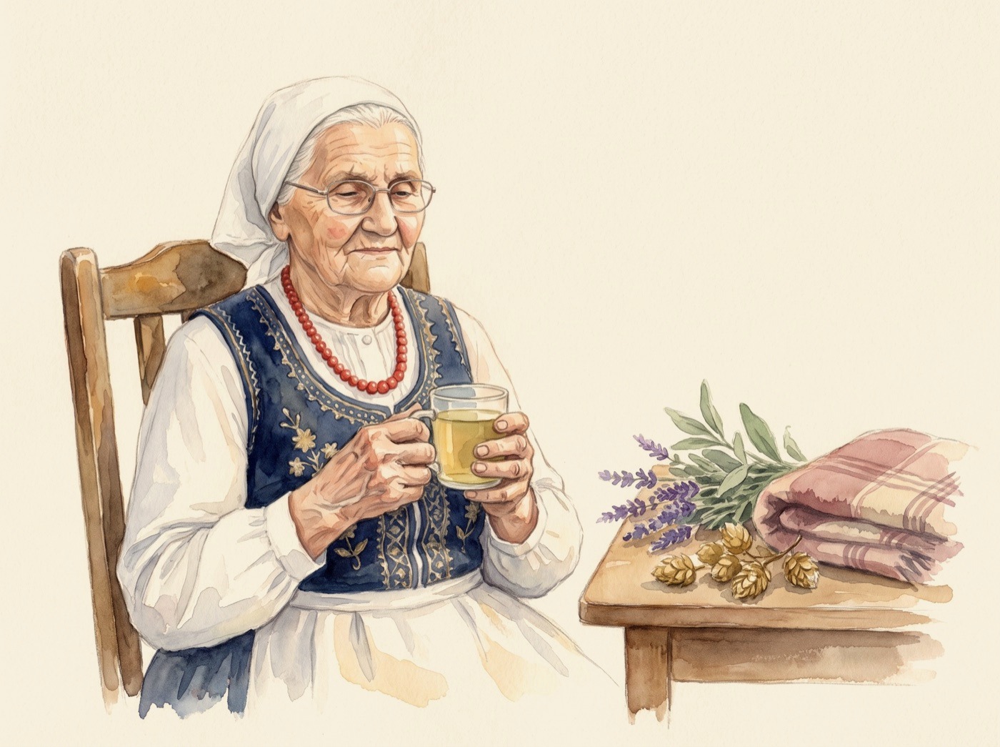 Babcia Jadzia z kubkiem naparu, obok lawenda, szyszki chmielu i koc
