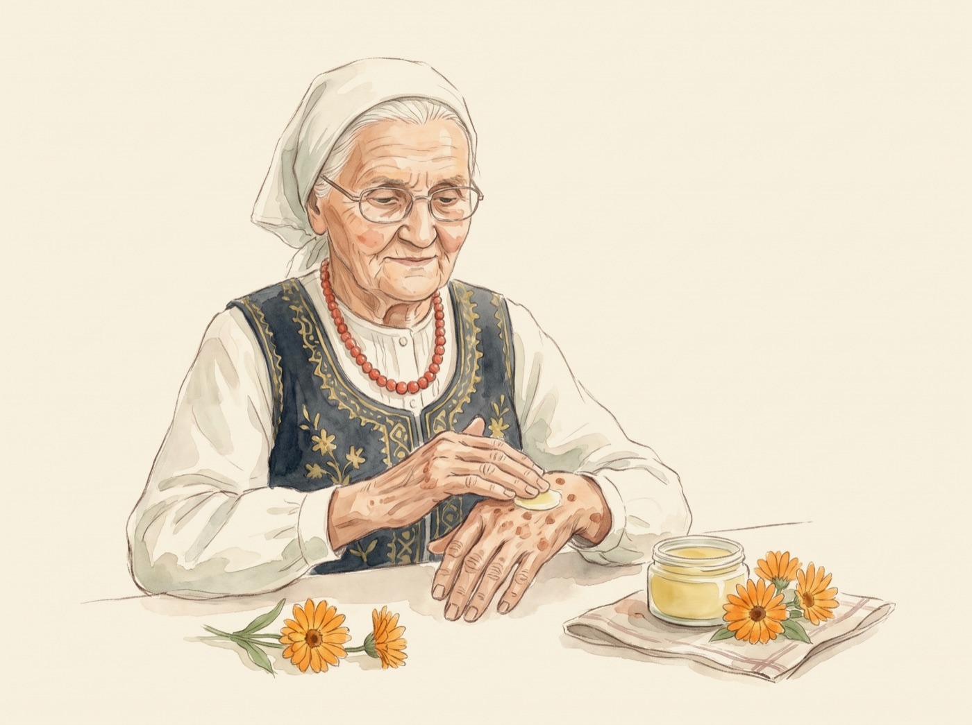 Babcia Jadzia wciera maść w dłoń, obok słoik maści i kwiaty nagietka