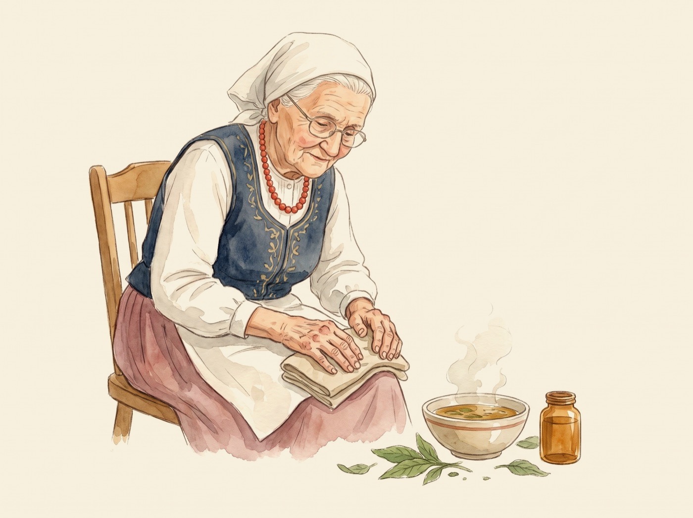 Babcia Jadzia przykłada lniany kompres do kolana, obok miska naparu i żywokost