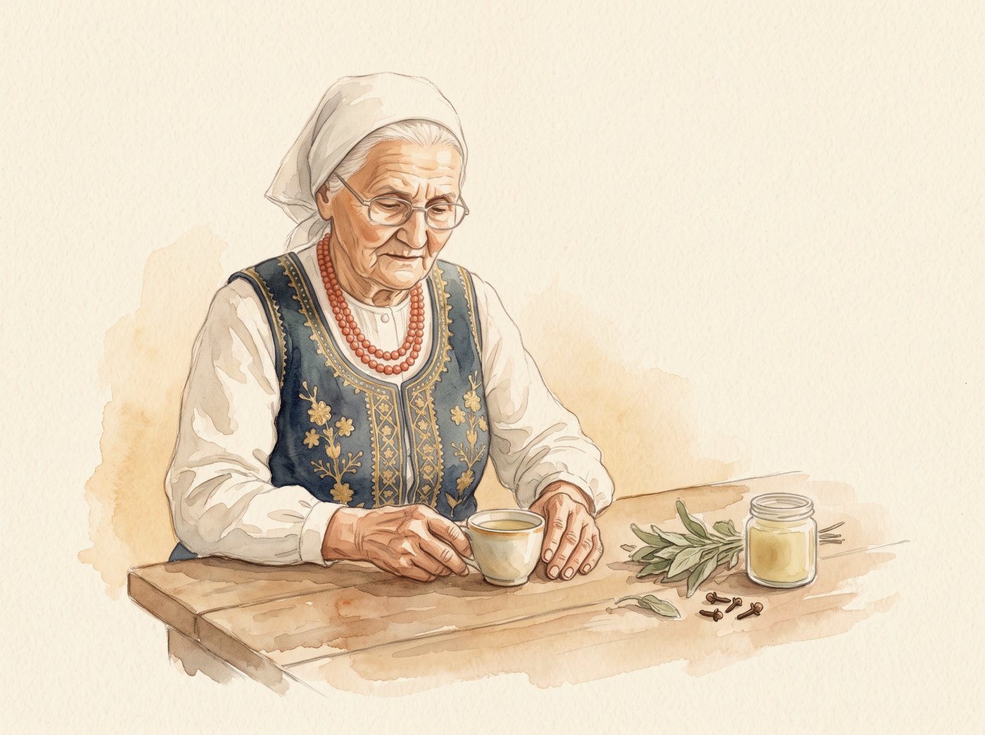 Babcia Jadzia odstawia kubek z płukanką, obok szałwia i goździki