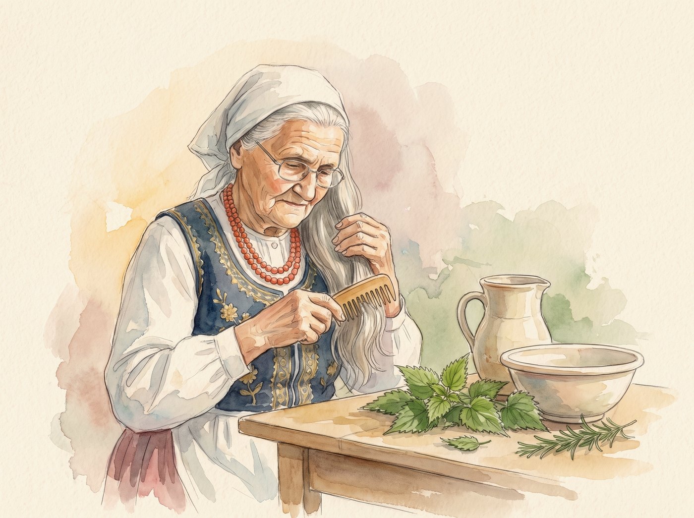Babcia Jadzia rozczesuje włosy, obok dzbanek, miska i pokrzywa